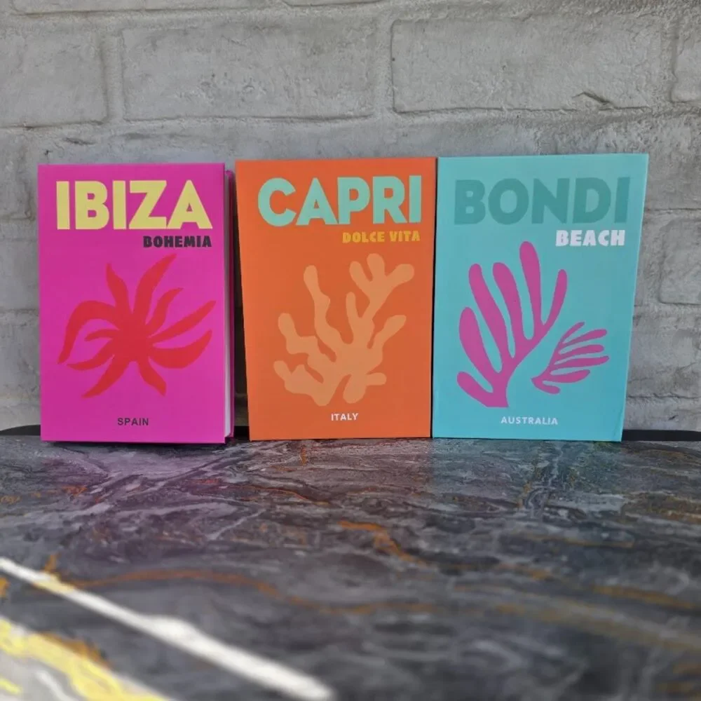 Preppy Decorative Fake Books Set of 3 Capri Ibiza Bondi Beach Travel Decor